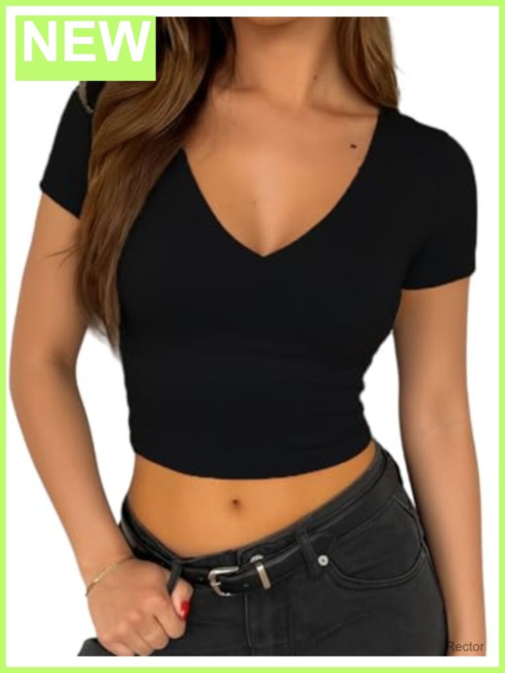 Womens Double Lined Short Sleeve V Neck Crop Top Slim Fit Basic Tee Y2K